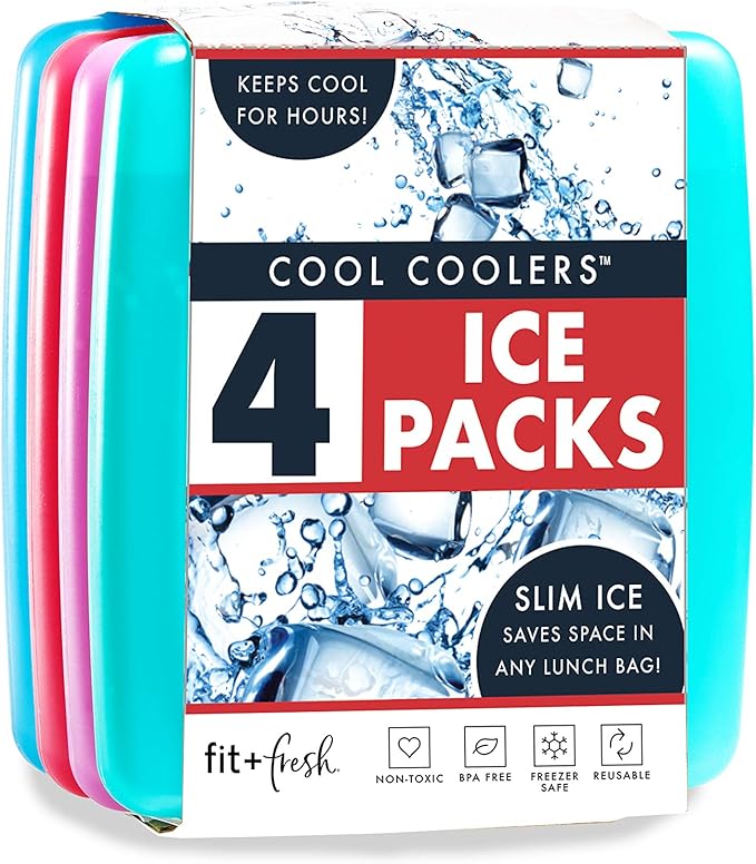 Cool Coolers 4 Pack Slim Ice Packs, Quick Freeze Space Saving Reusable Ice Packs for Lunch Boxes or Coolers, Multi Colored