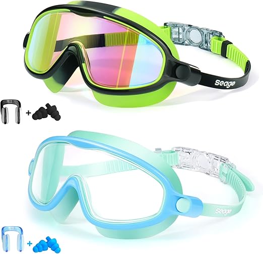 Swim Goggles 2 Pack Anti-Fog Anti-UV Wide View Swimming Goggles for Kids 3-14
