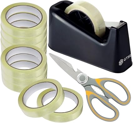 Premium Clear Tape, Dispenser & Heavy Duty Scissors, 1 inch x 217 feet, Strong Transparent Gift Wrap Tape for Home, Office, 12 Rolls
